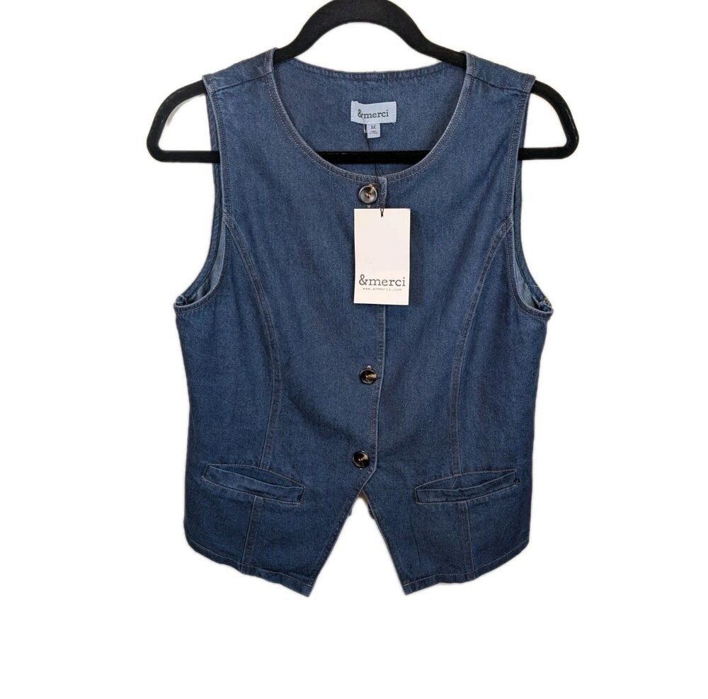 &Merci Denim Vest Blue Cotton Western Rodeo Button Front Size Medium